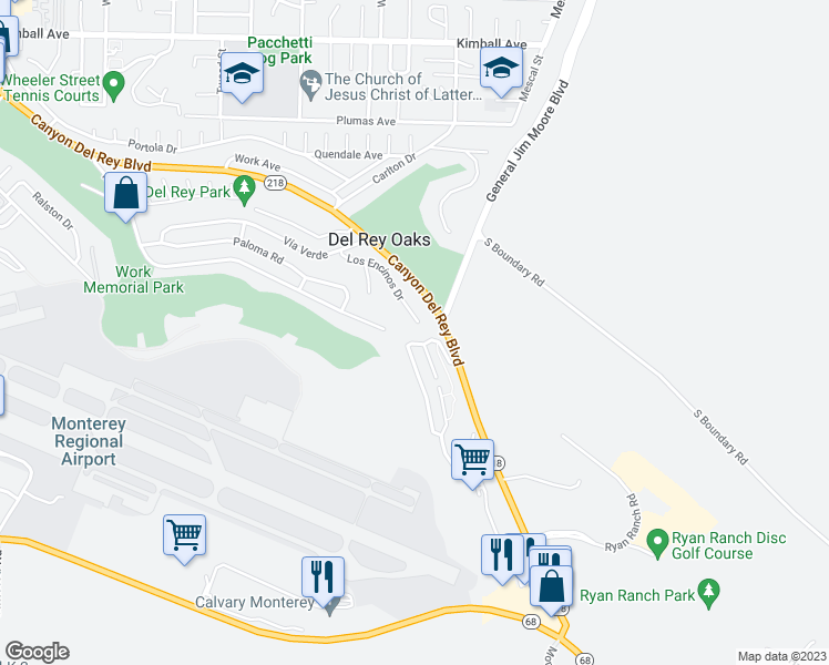 map of restaurants, bars, coffee shops, grocery stores, and more near 66 Los Encinos Drive in Del Rey Oaks