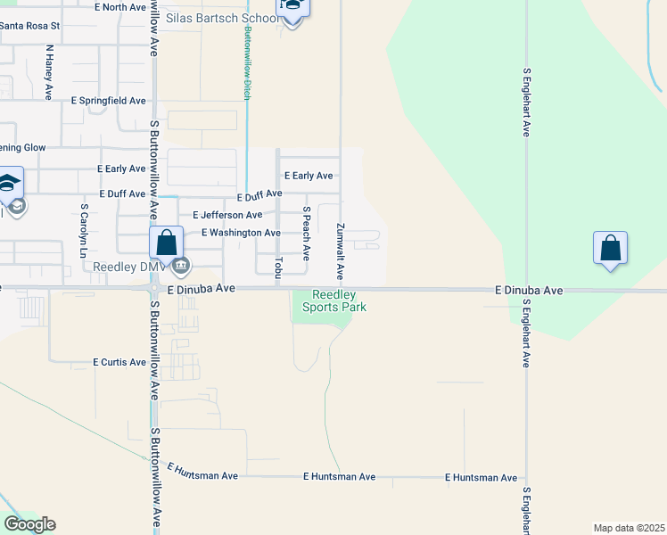 map of restaurants, bars, coffee shops, grocery stores, and more near 9899 Zumwalt Avenue in Reedley