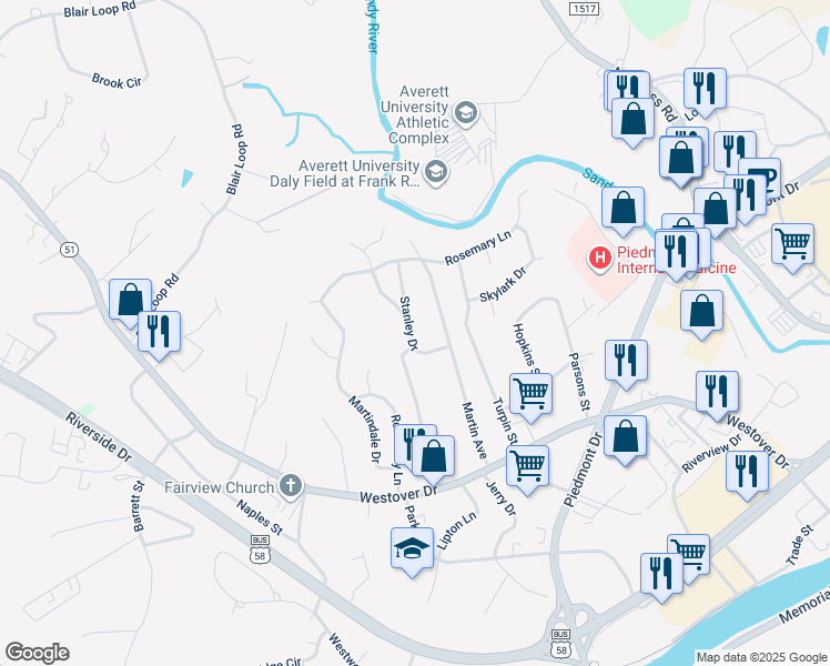 map of restaurants, bars, coffee shops, grocery stores, and more near 208 Stanley Drive in Danville