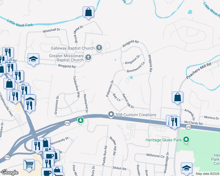 map of restaurants, bars, coffee shops, grocery stores, and more near 1835 Palamino Drive in Clarksville