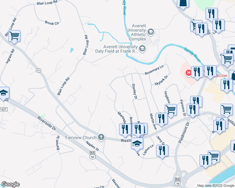 map of restaurants, bars, coffee shops, grocery stores, and more near 520 Rosemary Lane in Danville