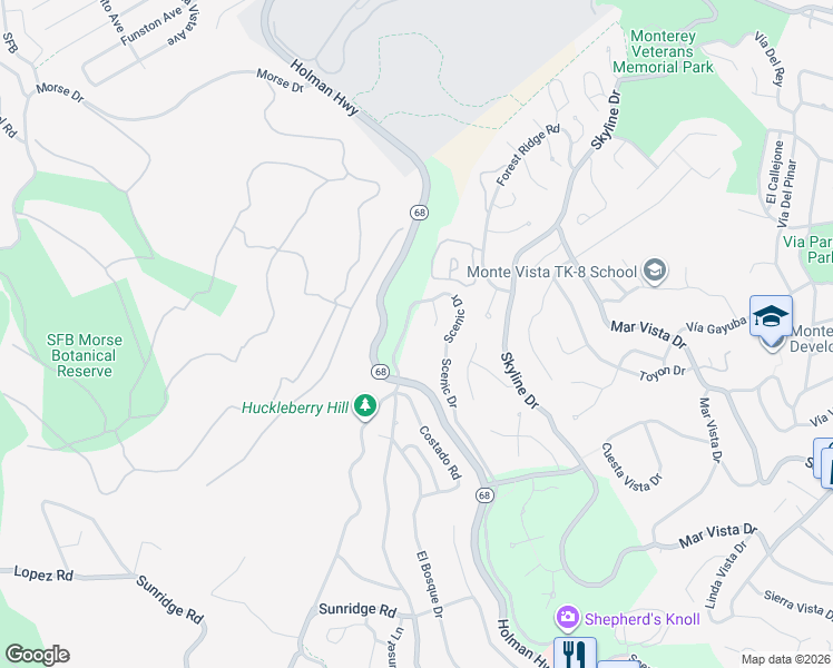 map of restaurants, bars, coffee shops, grocery stores, and more near 69 Ocean Pines Lane in Monterey County