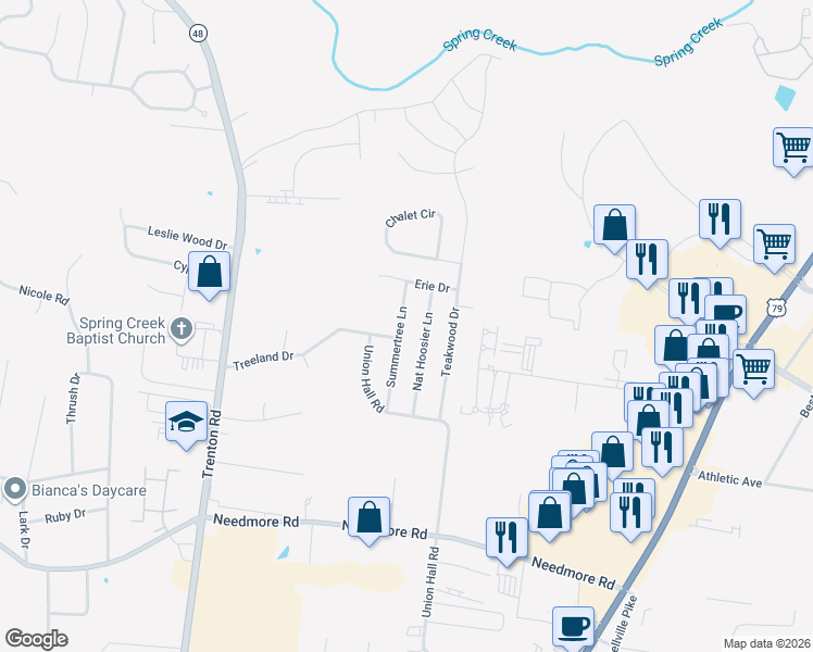 map of restaurants, bars, coffee shops, grocery stores, and more near 2827 Summertree Lane in Clarksville