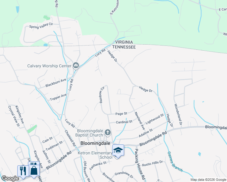map of restaurants, bars, coffee shops, grocery stores, and more near 134 Whitehills Road in Kingsport