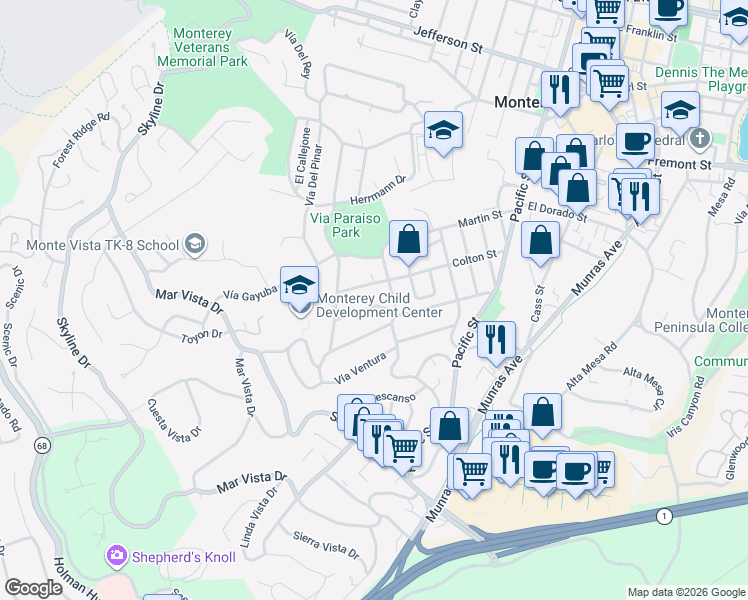 map of restaurants, bars, coffee shops, grocery stores, and more near 30 Vía Encanto in Monterey