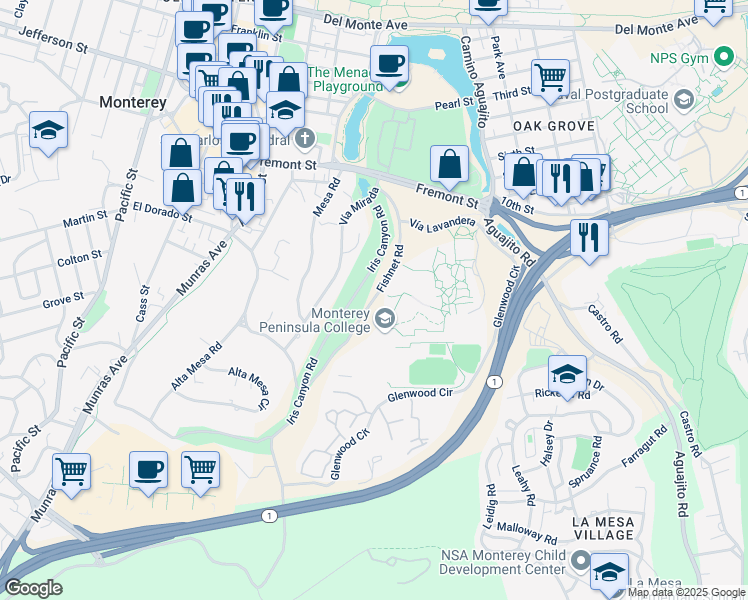 map of restaurants, bars, coffee shops, grocery stores, and more near Fishnet Road in Monterey