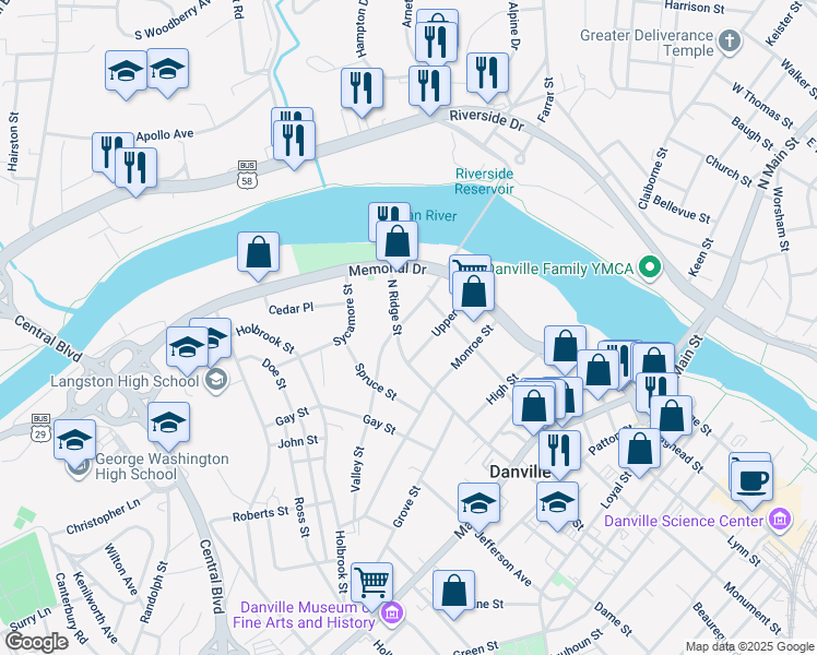 map of restaurants, bars, coffee shops, grocery stores, and more near 610 North Ridge Street in Danville