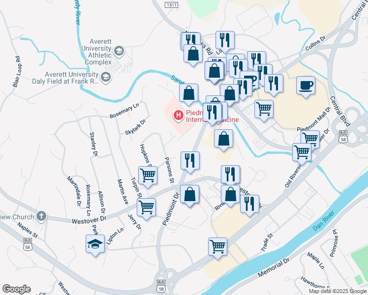 map of restaurants, bars, coffee shops, grocery stores, and more near 149 Executive Court in Danville