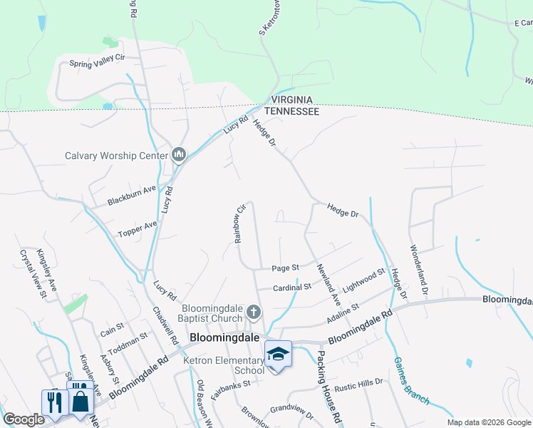 map of restaurants, bars, coffee shops, grocery stores, and more near 134 Whitehills Road in Kingsport