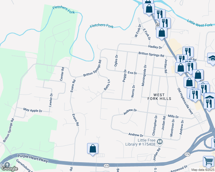 map of restaurants, bars, coffee shops, grocery stores, and more near 1935 Batts Lane in Clarksville
