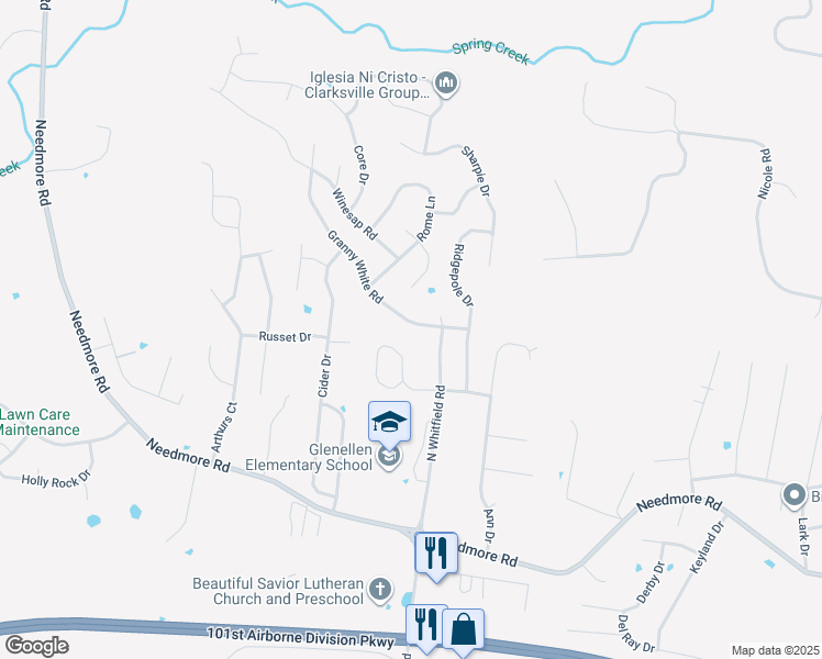 map of restaurants, bars, coffee shops, grocery stores, and more near 912 Granny White Road in Clarksville