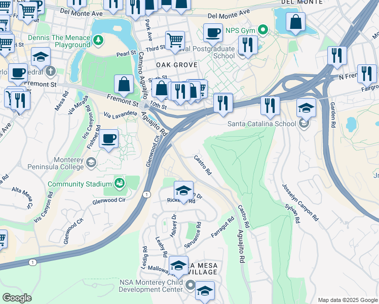 map of restaurants, bars, coffee shops, grocery stores, and more near 49 Castro Road in Monterey