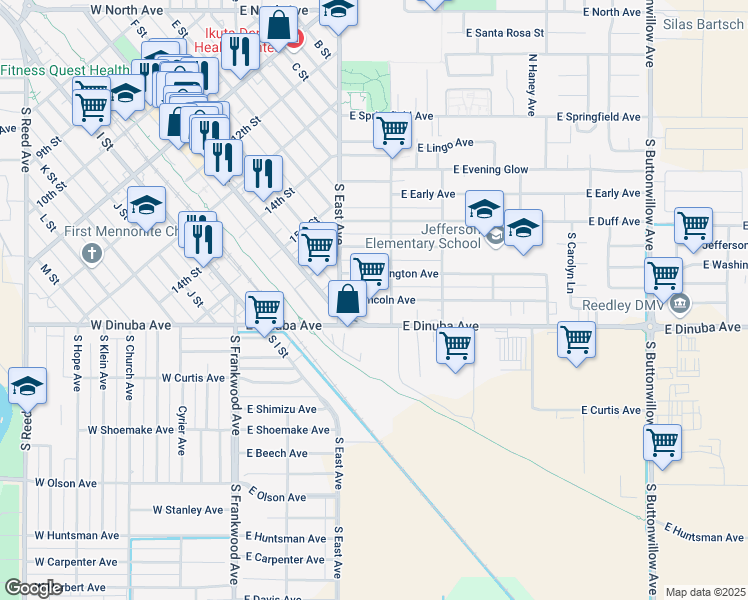 map of restaurants, bars, coffee shops, grocery stores, and more near 615 East Lincoln Avenue in Reedley