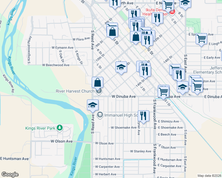 map of restaurants, bars, coffee shops, grocery stores, and more near 2252 12th Street in Reedley