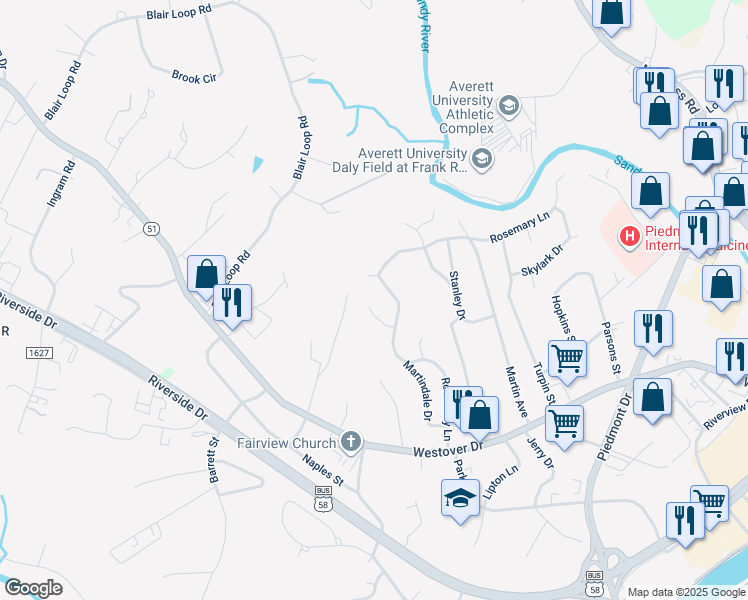 map of restaurants, bars, coffee shops, grocery stores, and more near 134 Huntington Place in Danville