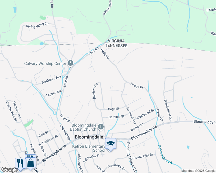 map of restaurants, bars, coffee shops, grocery stores, and more near 134 Whitehills Road in Kingsport