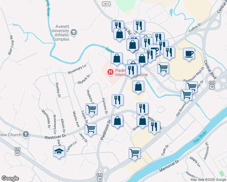 map of restaurants, bars, coffee shops, grocery stores, and more near 149 Executive Court in Danville
