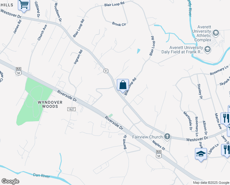 map of restaurants, bars, coffee shops, grocery stores, and more near 1521 Westover Dr in Danville