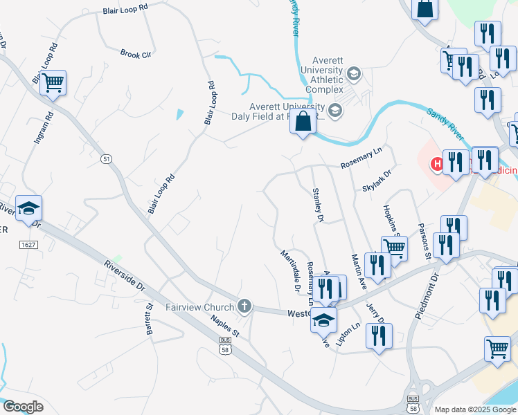 map of restaurants, bars, coffee shops, grocery stores, and more near 134 Huntington Place in Danville