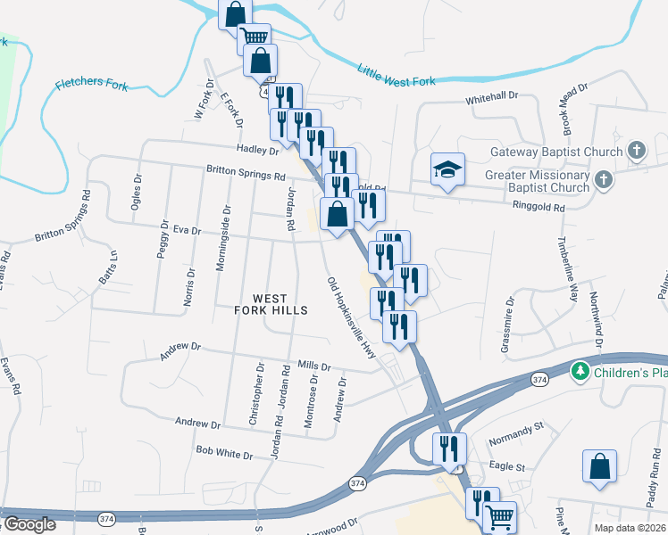 map of restaurants, bars, coffee shops, grocery stores, and more near 210 Old Hopkinsville Highway in Clarksville