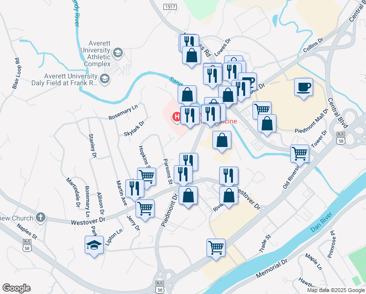 map of restaurants, bars, coffee shops, grocery stores, and more near 149 Executive Court in Danville