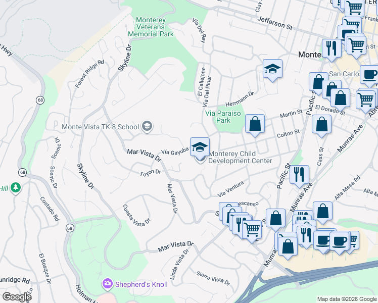 map of restaurants, bars, coffee shops, grocery stores, and more near 189 Vía Gayuba in Monterey