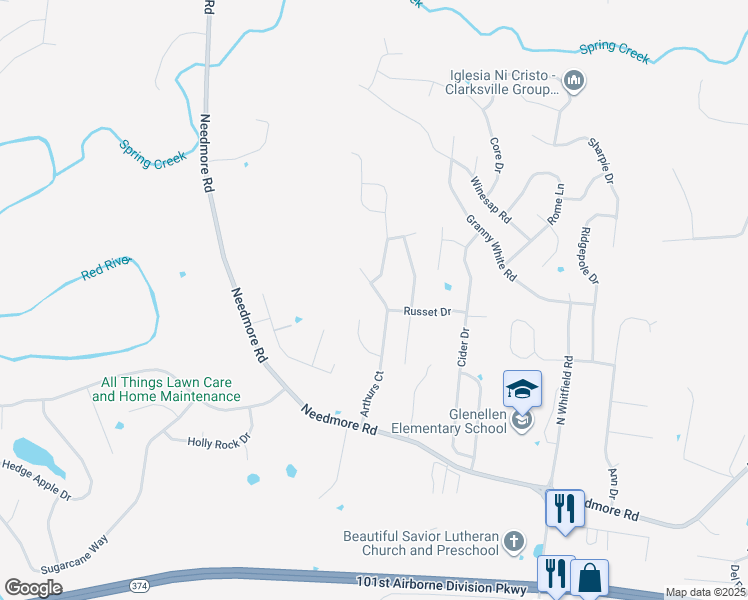 map of restaurants, bars, coffee shops, grocery stores, and more near 2693 Arthurs Court in Clarksville