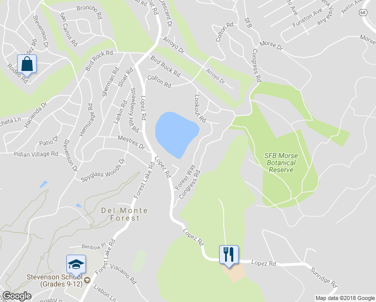 map of restaurants, bars, coffee shops, grocery stores, and more near 3060 Forest Way in Del Monte Forest