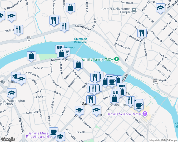 map of restaurants, bars, coffee shops, grocery stores, and more near 332 Memorial Drive in Danville