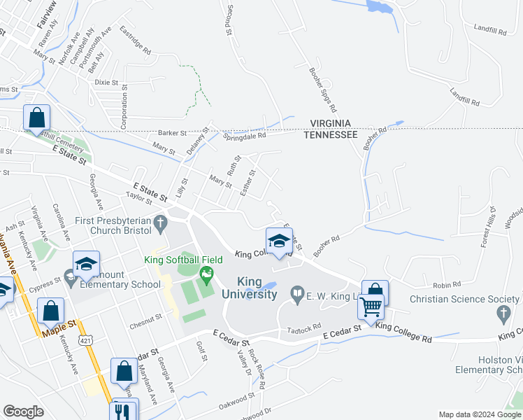 map of restaurants, bars, coffee shops, grocery stores, and more near 110 1/2 Esther Street in Bristol