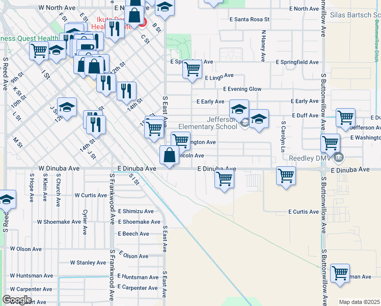 map of restaurants, bars, coffee shops, grocery stores, and more near 682 E Lincoln Ave in Reedley