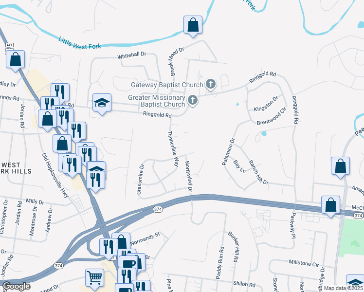 map of restaurants, bars, coffee shops, grocery stores, and more near 113 Azalea Court in Clarksville