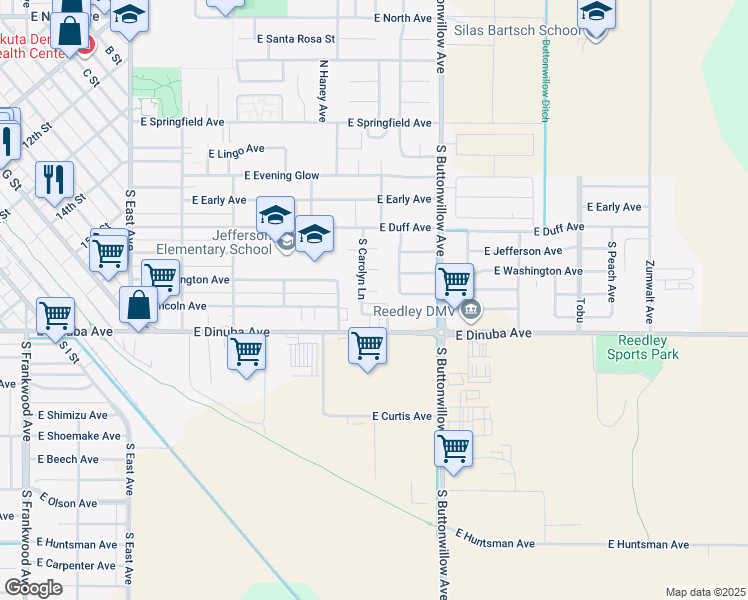 map of restaurants, bars, coffee shops, grocery stores, and more near 751 South Carolyn Lane in Reedley