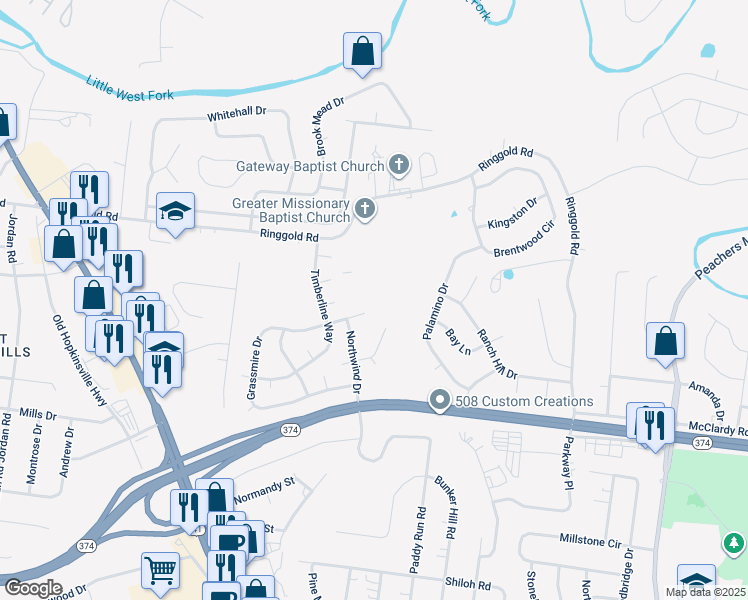 map of restaurants, bars, coffee shops, grocery stores, and more near 115 Grassmire Drive in Clarksville