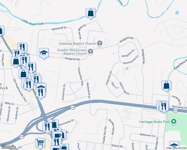map of restaurants, bars, coffee shops, grocery stores, and more near 115 Grassmire Drive in Clarksville
