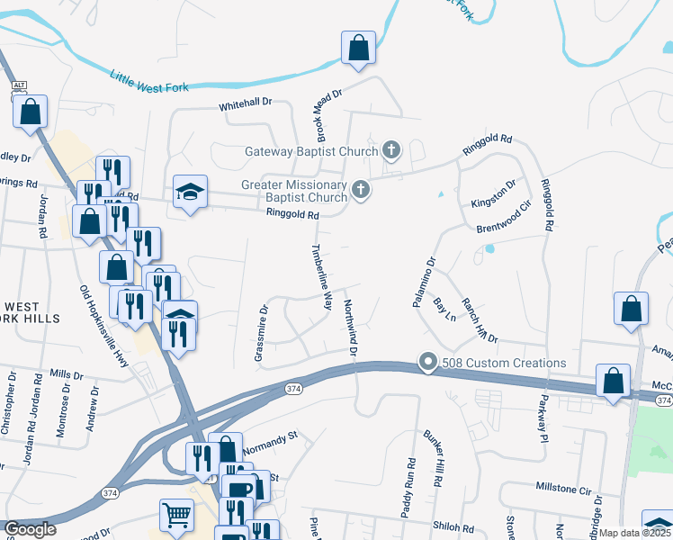 map of restaurants, bars, coffee shops, grocery stores, and more near 109 Azalea Court in Clarksville