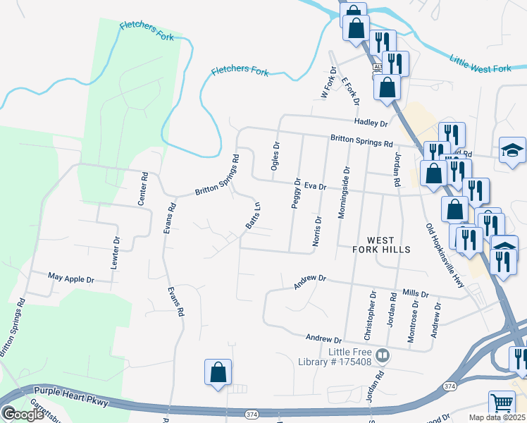 map of restaurants, bars, coffee shops, grocery stores, and more near 1935 Batts Lane in Clarksville