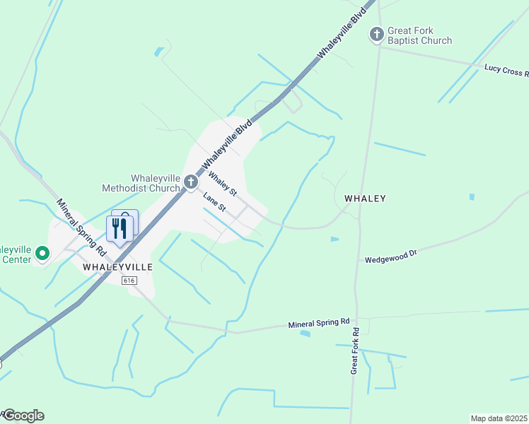 map of restaurants, bars, coffee shops, grocery stores, and more near 210 Whaley Street in Suffolk