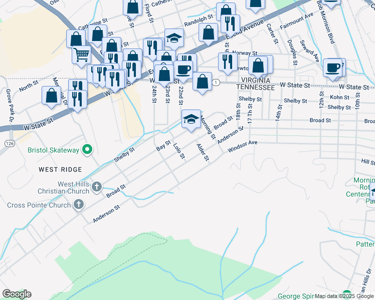 map of restaurants, bars, coffee shops, grocery stores, and more near 2108 Broad Street in Bristol