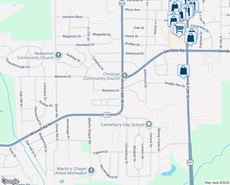 map of restaurants, bars, coffee shops, grocery stores, and more near 1607 Belmont Drive in Murray