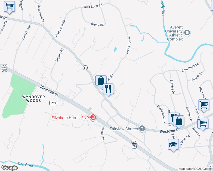 map of restaurants, bars, coffee shops, grocery stores, and more near 1424 Blair Loop Road in Danville