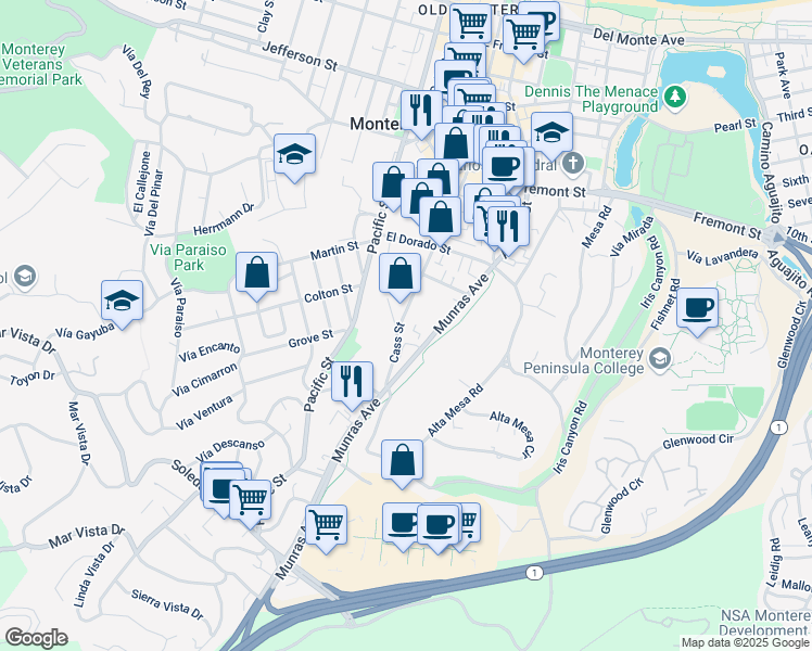 map of restaurants, bars, coffee shops, grocery stores, and more near 1088 Cass Street in Monterey