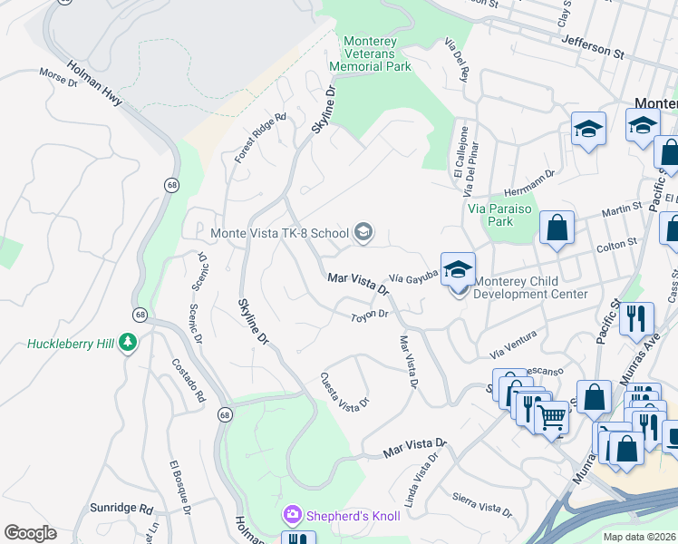 map of restaurants, bars, coffee shops, grocery stores, and more near 540 Mar Vista Drive in Monterey