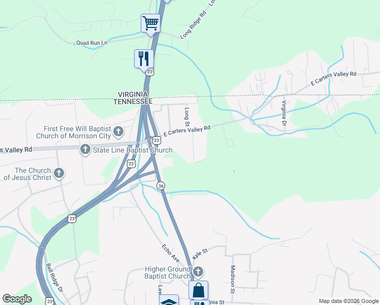 map of restaurants, bars, coffee shops, grocery stores, and more near 1912 Darnell Dr in Kingsport