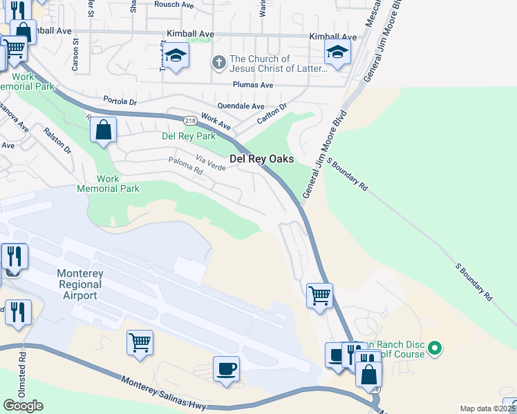 map of restaurants, bars, coffee shops, grocery stores, and more near 1118 Rosita Road in Del Rey Oaks