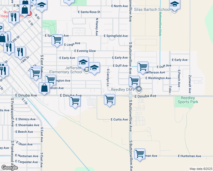 map of restaurants, bars, coffee shops, grocery stores, and more near 751 South Carolyn Lane in Reedley