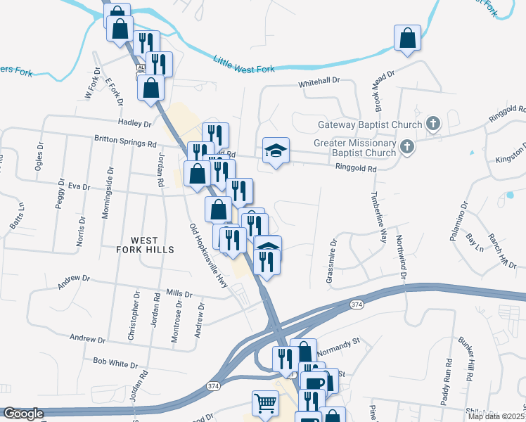 map of restaurants, bars, coffee shops, grocery stores, and more near 21 Leonard Drive in Clarksville
