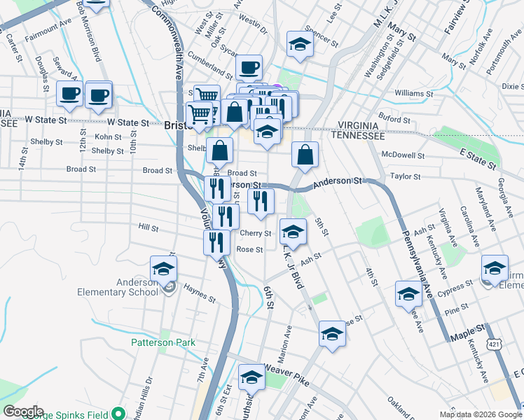 map of restaurants, bars, coffee shops, grocery stores, and more near 332 6th Street in Bristol