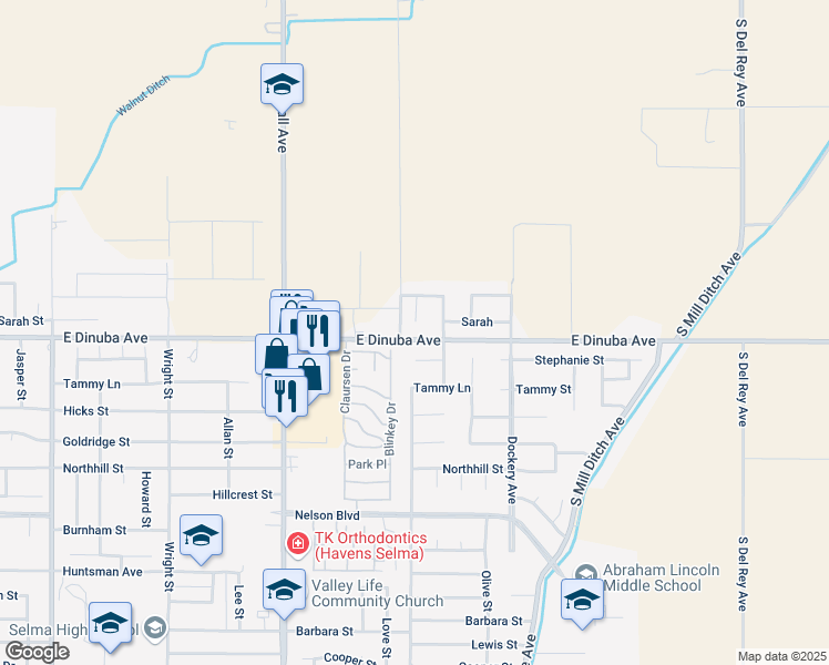 map of restaurants, bars, coffee shops, grocery stores, and more near 3900 Mulberry St in Selma