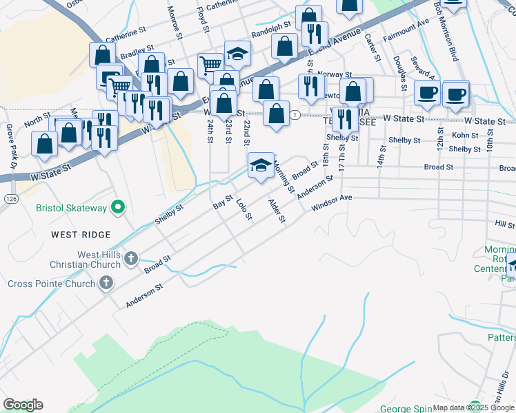 map of restaurants, bars, coffee shops, grocery stores, and more near 2108 Broad Street in Bristol
